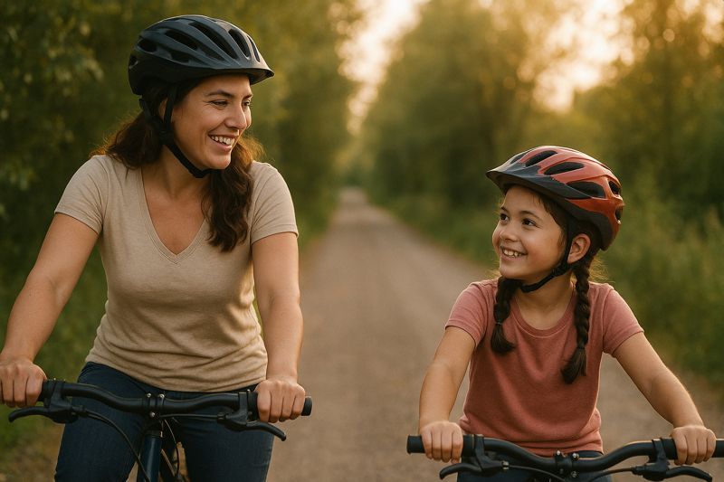 mother and daughter cycling happy creating bond