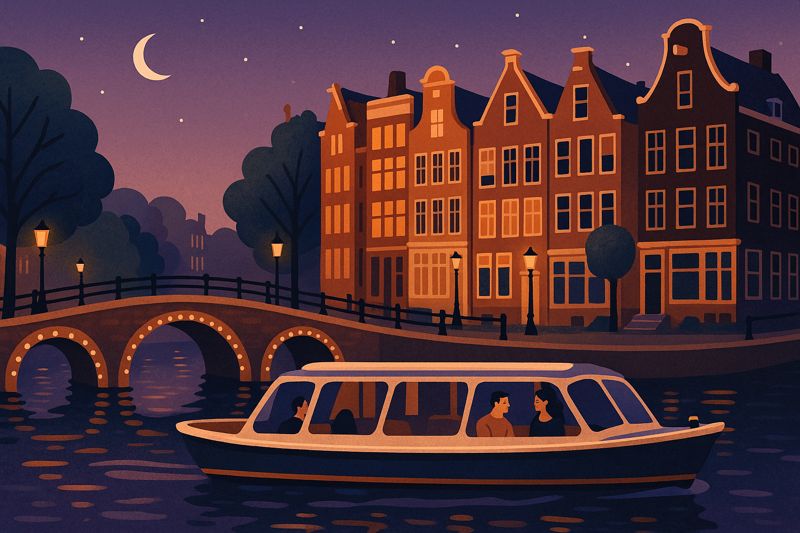 amsterdam canal cruise at night illustration
