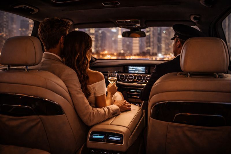 chauffeur drives couple around dubai at night romantic