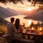 romantic sunset by the lake