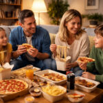 Family eating takeaway food