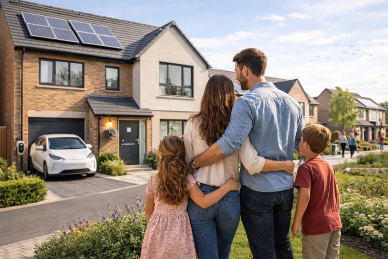 family hugging looking at new house