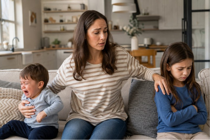 Mum With Upset Children