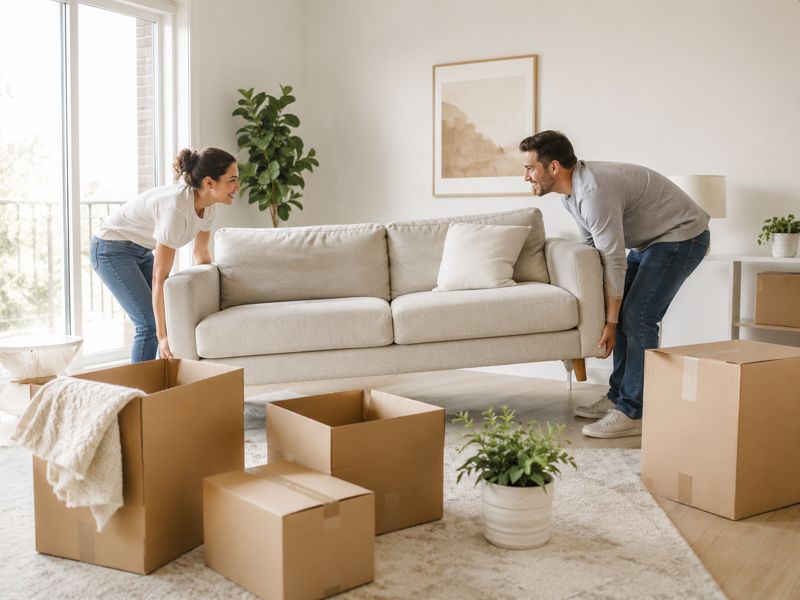 couple moving sofa moving home
