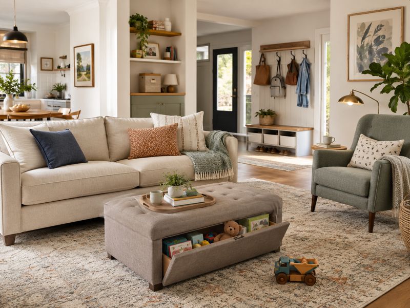 living room setting with toy storage