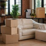 moving home boxes and wrapped furniture
