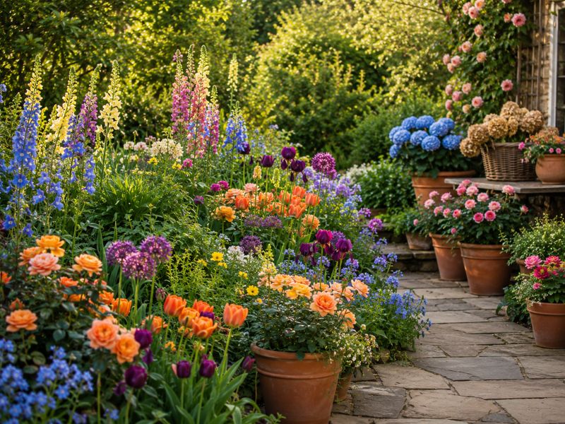 tulips in pots in garden