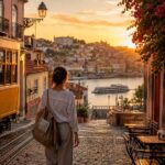 woman on quaint cobbled lane on holiday exploring